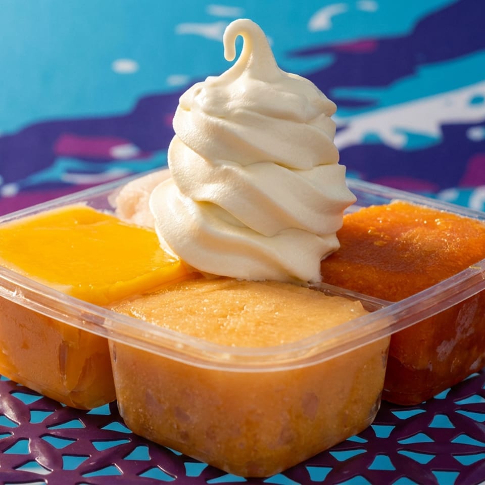 Three colorful dessert flavors in a divided container topped with vanilla soft-serve, displayed on a patterned table beside a swimming pool.
