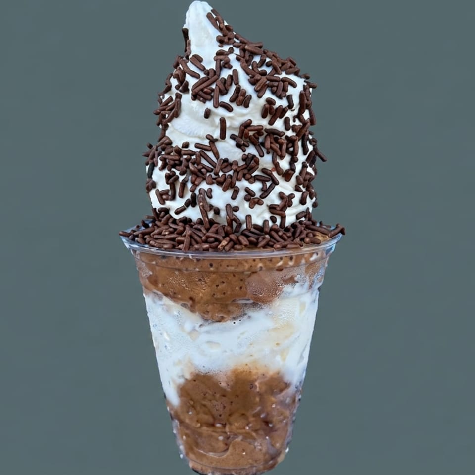 Layered chocolate dessert topped with whipped cream and chocolate sprinkles in a clear cup against a dark background.