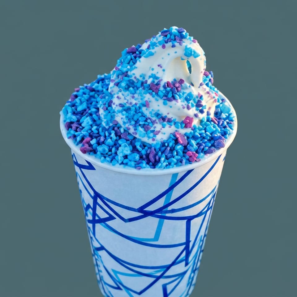 Vanilla soft-serve dessert topped with blue and purple sprinkles in a patterned paper cup against a teal background.