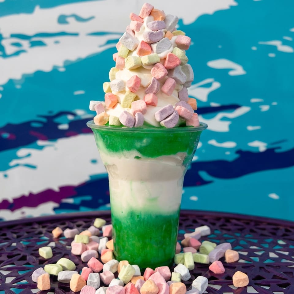 Layered green and cream dessert drink topped with colorful mini marshmallows on a patio table beside a swimming pool.
