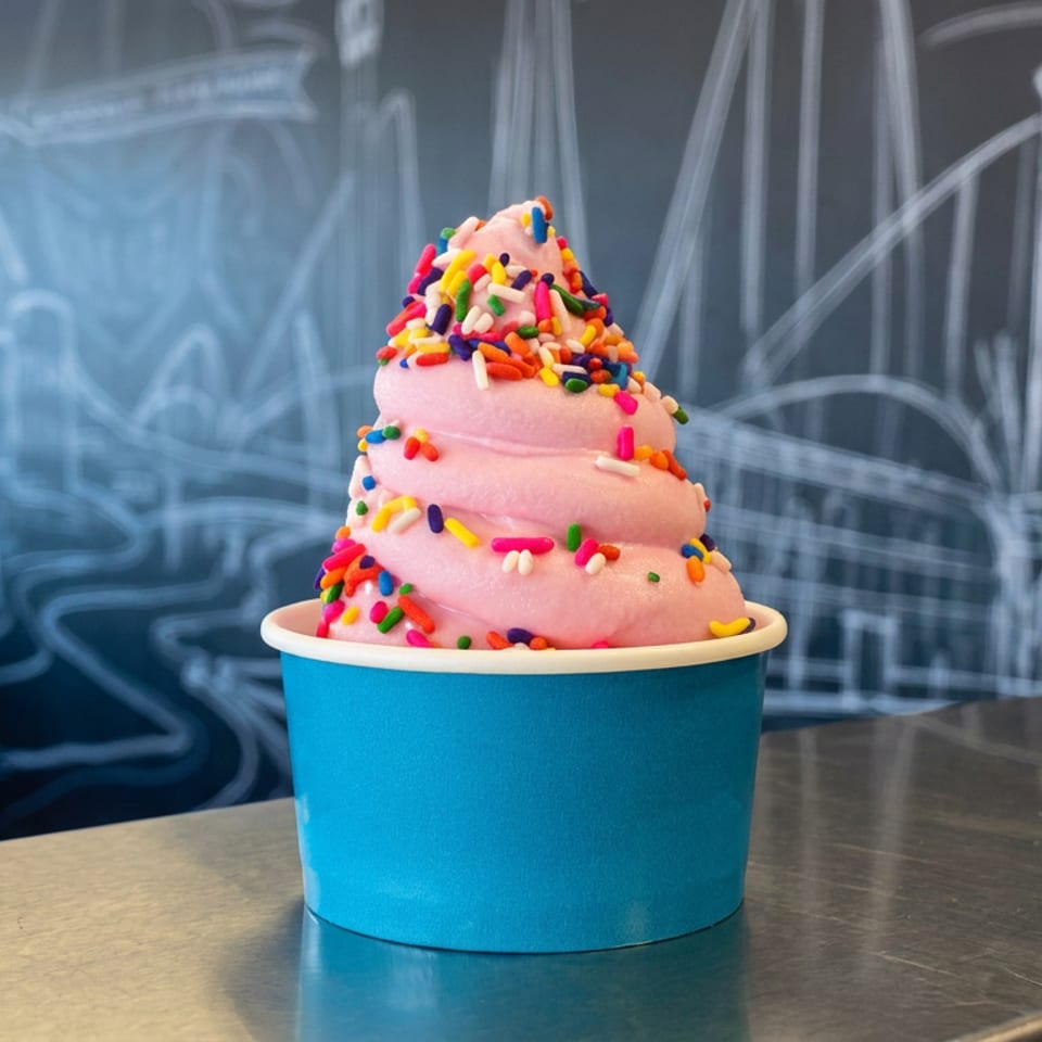 Pink soft-serve ice cream piled in a blue cup and covered with colorful sprinkles on a reflective counter.