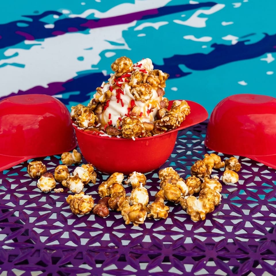 Caramel popcorn sundae with red sprinkles in a red bowl, flanked by two red caps on a colorful patterned table.